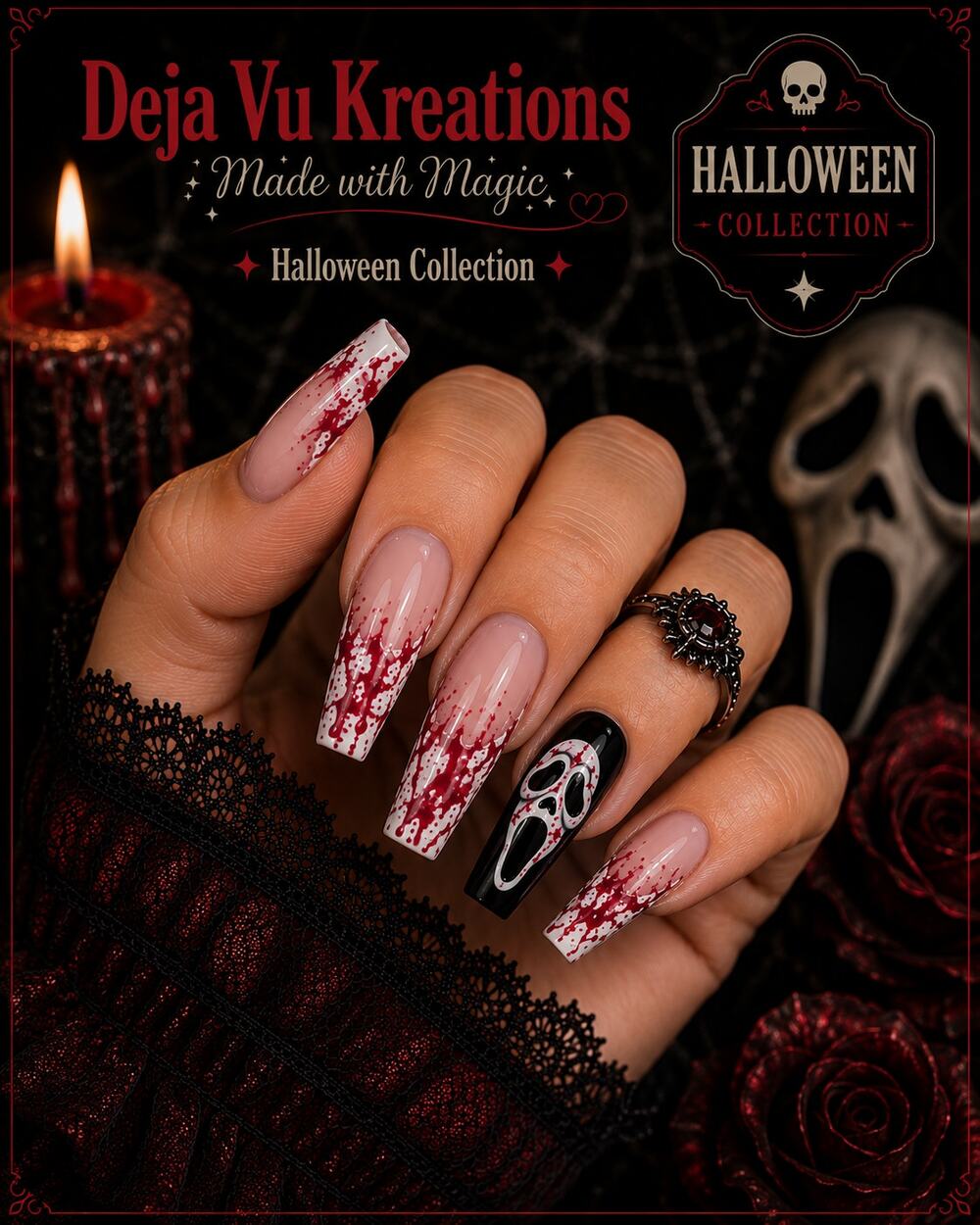 COMING SOON!! 24 Piece Ghostface Blood Splatter Press On Long Coffin Nails